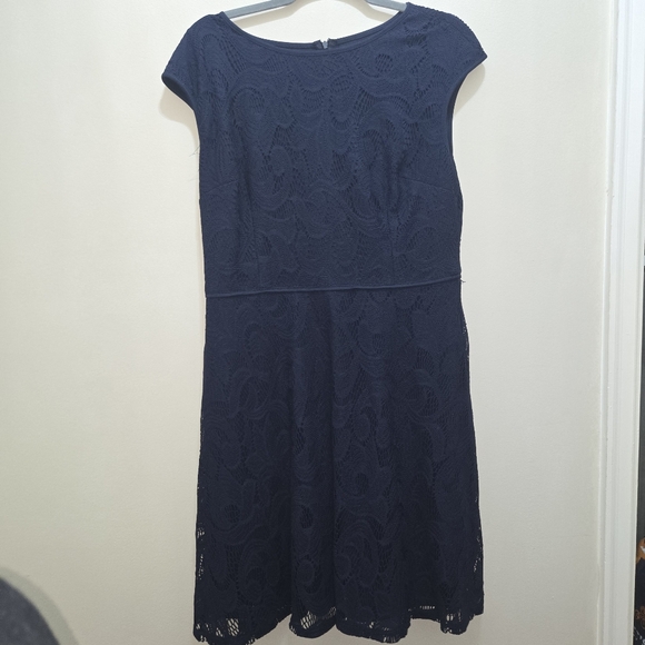 Lace Blue Cocktail Dress 14P Petite Quiet Luxury Minimalist Detailed - Picture 3 of 7